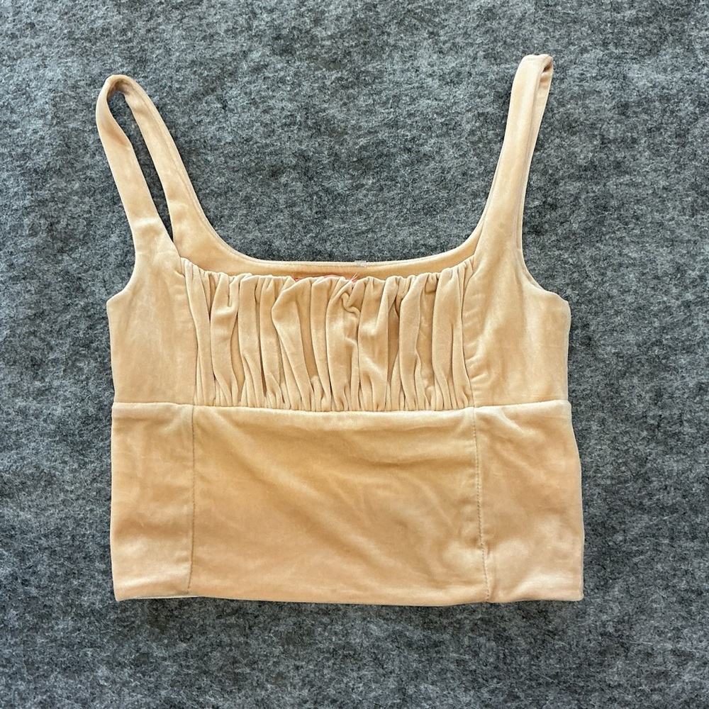 VRG Girl Velour Cropped Milkmaid Ruched Square Neck Tank Top